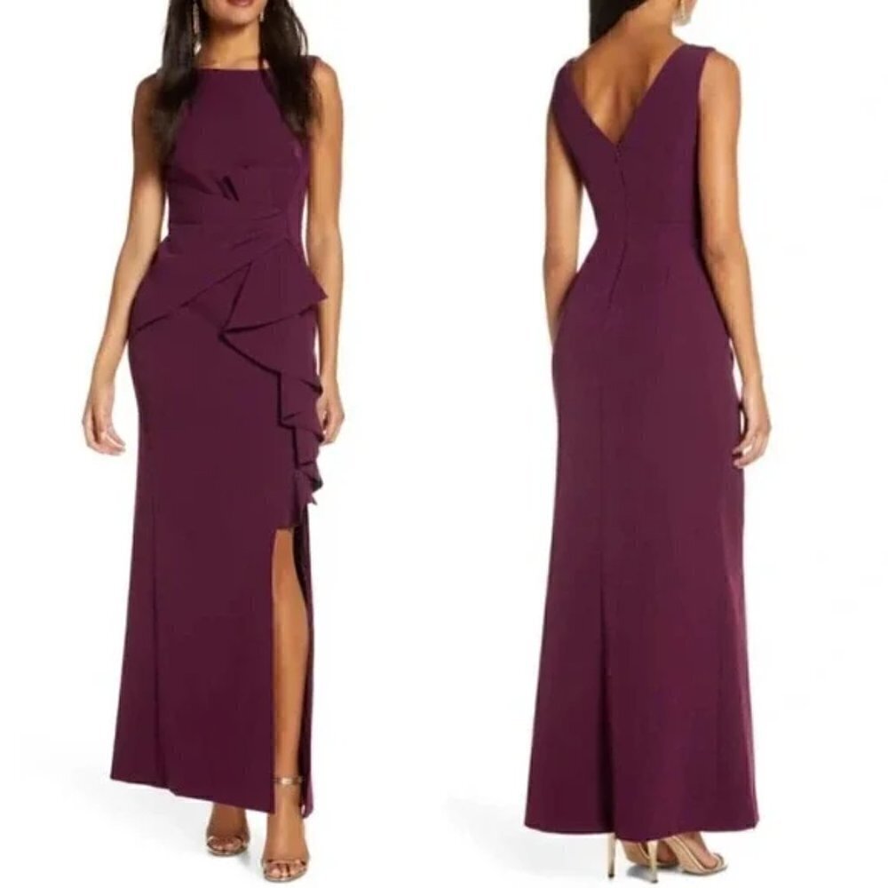 ELIZA J Ruffle Front Gown in Wine Size US 6